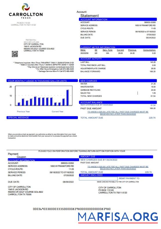 Downloadable USA Texas Carrollton utility bill template in Word and PDF format